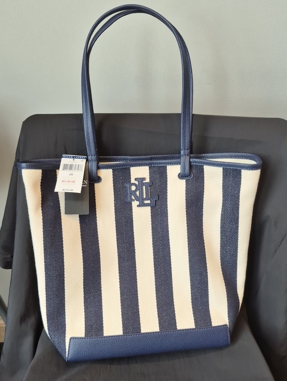 Ralph Lauren Navy & Cream Vertical Stripe Tote with RL Logo